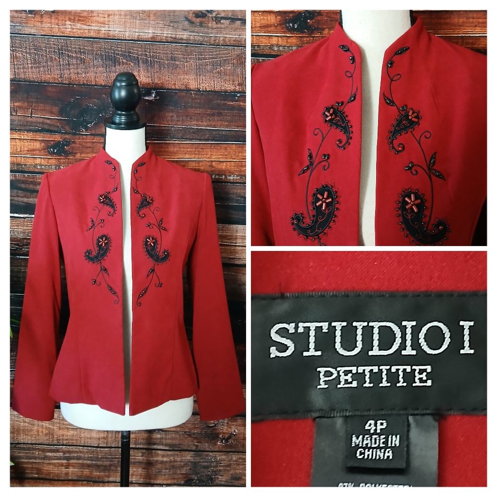 NWT Studio I Blazer Jacket 4 Petite Embellished Beaded Red Open Front